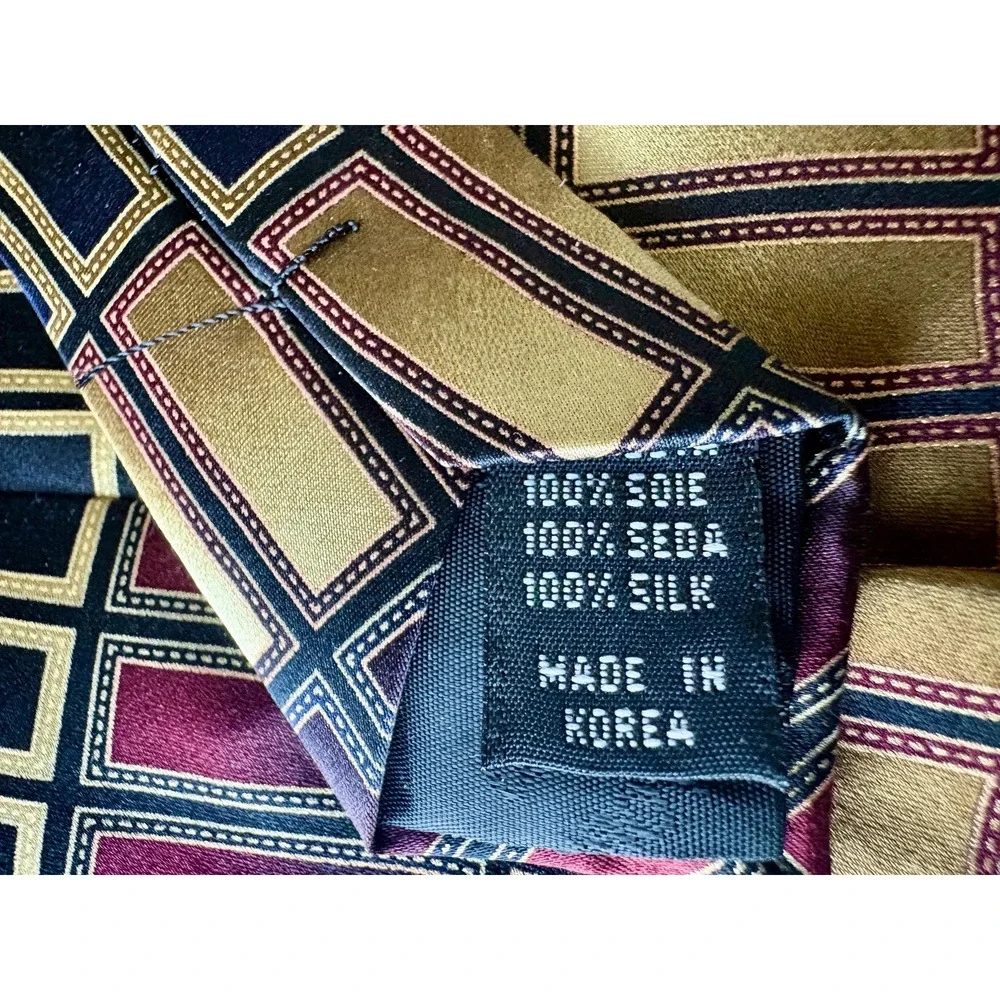 Vintage Bergamo New York Silk Tie Mens Geometric Rectangle Gold Blue Burgundy